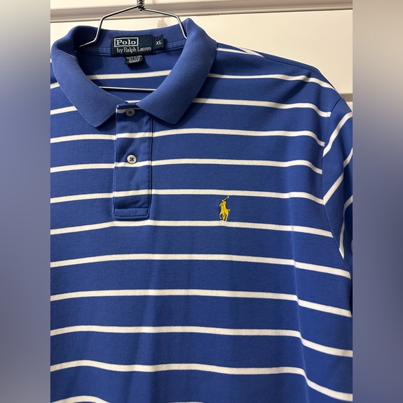 Polo Ralph Lauren Polo Shirt Mens XL Blue White Striped Yellow Pony Short Sleeve - Picture 2 of 5